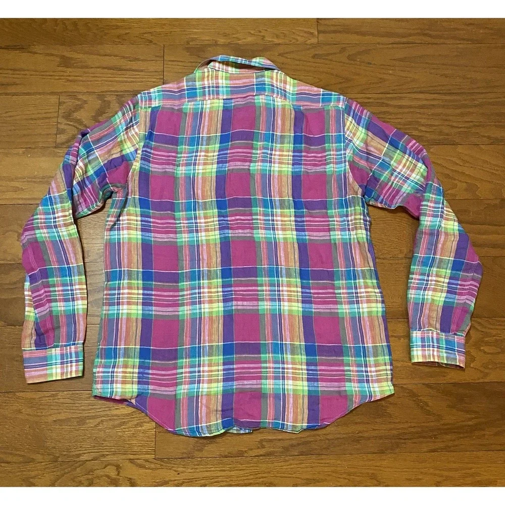 Polo Ralph Lauren Men's Long Sleeve Shirt Blue Pink Medium 100% Linen Plaid